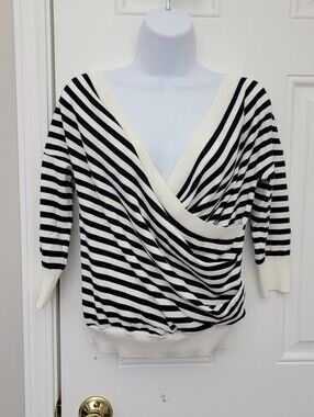 NWOT PAISIE Black White Striped Wrap Knit Sweater Lightweight 3/4 Sleeve Large